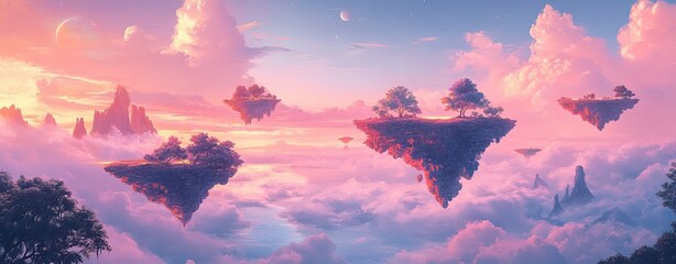 Fantasy floating islands in pink dreamy sky with clouds, surreal fantasy floating islands for storytelling visuals and creative fantasy floating islands design