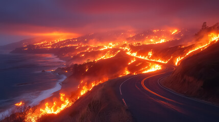winding road along the sea and hills covered in flames