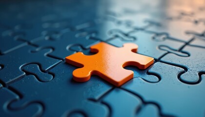 Two orange puzzle pieces fit together on blue background with jigsaw puzzles. Connection, solutions, complete match, teamwork, business strategy. Represents collaboration, challenge, achieving goals,