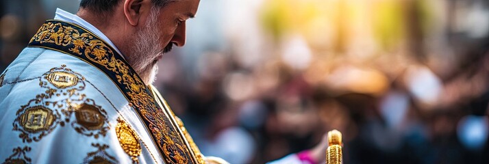 Clergyman Holding Candle in Sunlit Street Surrounded by Blurred Crowd During Religious Ceremony