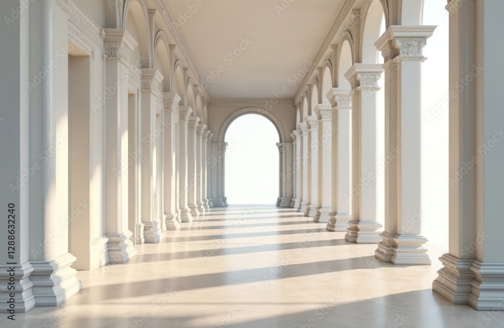 Aufkleber 3d rendering of corridor with white pillars. perspective view of interior with arches. modern light 
