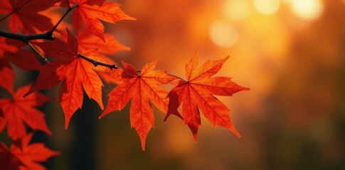 Warm orange hues blend with deep reds on a branch of maple leaves, deciduous trees, maple leaves