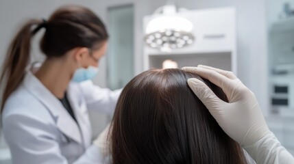 Obraz premium Hair restoration consultation in a modern medical office. Featuring advanced regrowth treatments and expert care