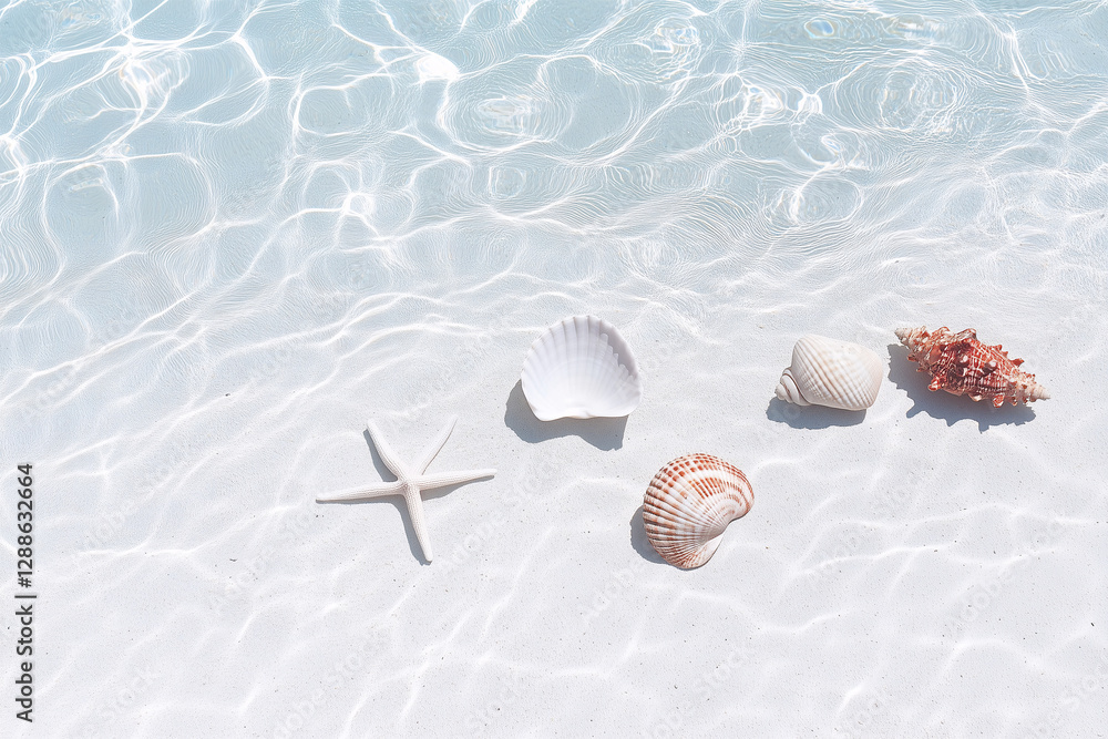 Poster seashells in pristine waters: a collection of seashells and a starfish rest delicately on a sandy se