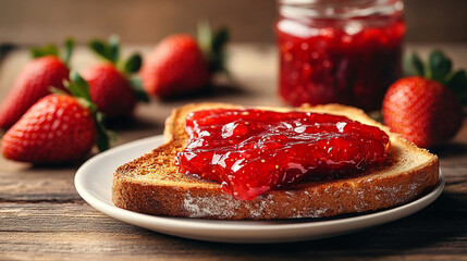A crispy slice of toast with homemade strawberry jam