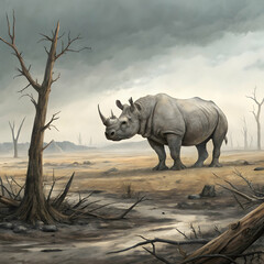 Obraz premium Rhino in Post-Apocalyptic Landscape: Climate Change Art