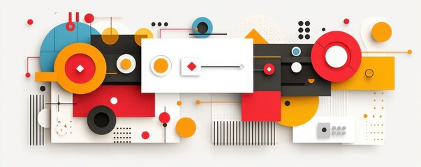 Obraz premium A vibrant abstract composition featuring geometric shapes in bright colors, combining circles, squares, and lines against a light background.
