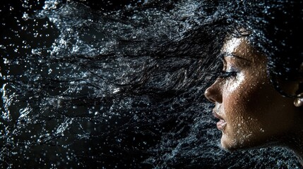 Woman, water, splash, profile, dark, background, beauty, portrait, advertising