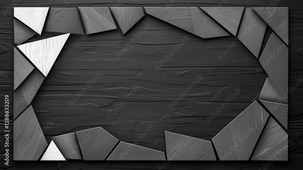 Poster a geometric design featuring dark and light triangular shapes arranged around a textured black backg