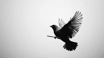 A single-line drawing of a sparrow carrying a thin paintbrush, soaring over a muted gray sky, embodying the essence of press freedom in a minimalist style.