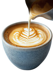 The image captures a close-up of milk being poured into a cup of coffee, creating an intricate latte art design with a smooth, velvety texture.