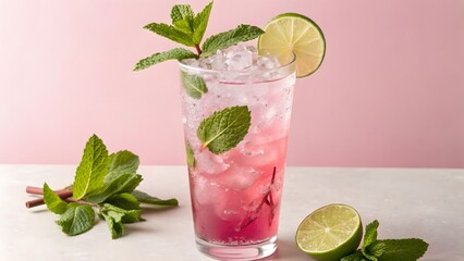 Lemon cocktail on pink background. Refreshing summer drink. Created with Ai
