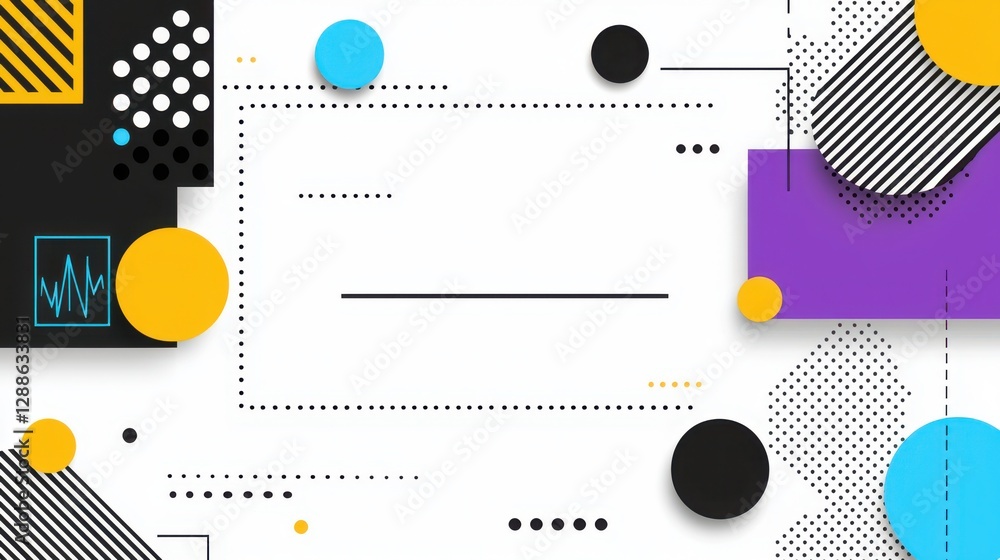 Poster a vibrant abstract composition featuring geometric shapes, lines, and patterns in various colors on 