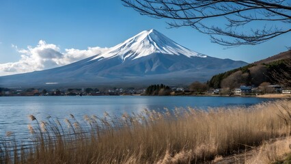 Beautiful view of a mountains with lake and grasses in foreground. Created with Ai