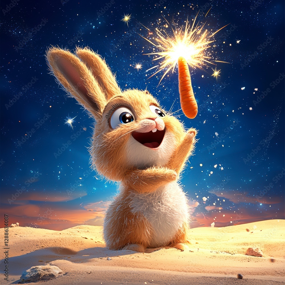Poster playful rabbit with sparkler in desert animated scene fantasy environment joyful perspective