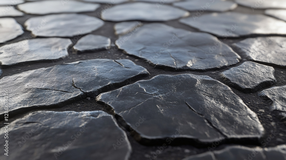 Poster A close-up view of dark, irregularly shaped stone tiles arranged on a surface, showcasing texture and natural patterns