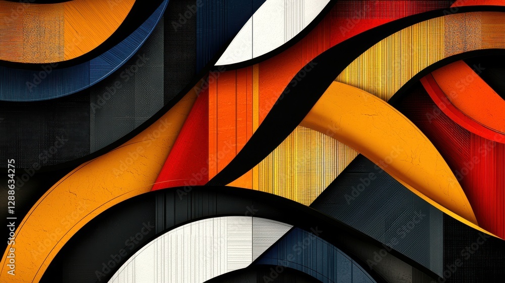 Poster a vibrant abstract design featuring flowing lines and a mix of colors like orange, black, and white,