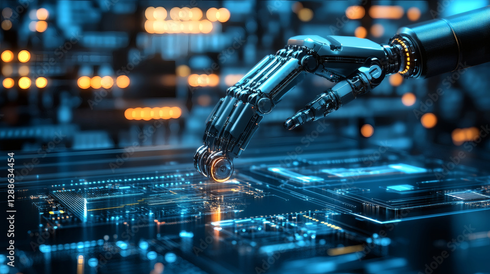 Aufkleber A robotic hand interacts with a glowing circuit board, showcasing advanced technology and artificial intelligence in a futuristic setting