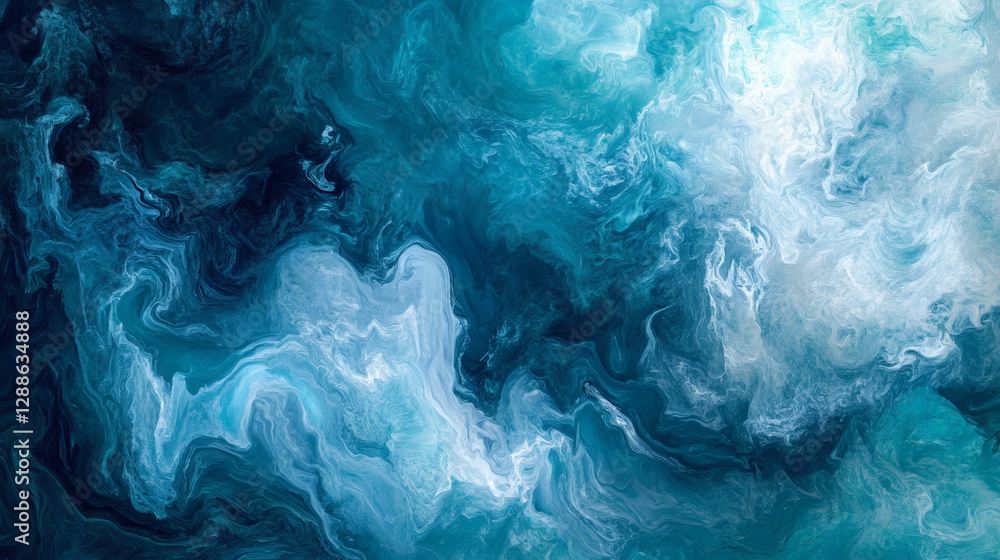 Poster a swirling abstract pattern in blue and white tones, evoking a sense of calm and fluidity