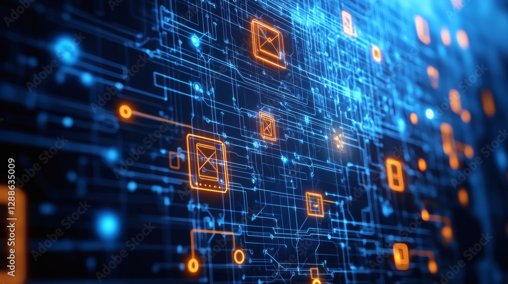 Poster a vibrant, abstract digital circuit design with blue and orange elements, symbolizing technology, co