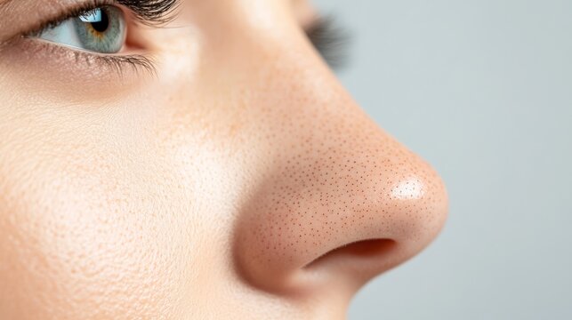 Close up of a woman's nose highlighting blackheads, emphasizing the need for cosmetic treatment or skincare routines to achieve clear and healthy skin