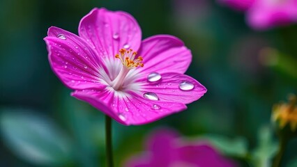 Fototapeta premium A single pink flower with intricate details on its petals and glistening droplets of dew, bloom, botanical, pink flower