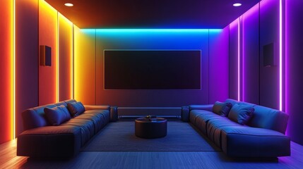 Home Theater: Modern Lounge with LED Light Stripes & Dual Sofas