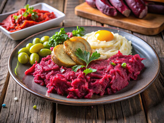 German Labskaus on a plate. Beet dish with fried egg