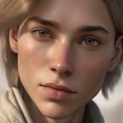 Fototapeta premium A highly detailed, hyper-realistic close-up portrait of an AI-generated human face. This digital artwork features lifelike skin textures, expressive eyes, and natural lighting.