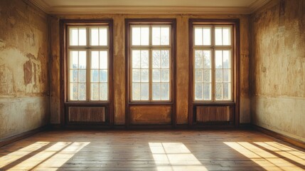 Empty Sunlit Room with Three Vintage Windows and Weathered Walls
