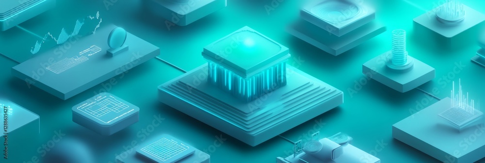 Poster futuristic technology circuit board with glowing chips and digital patterns