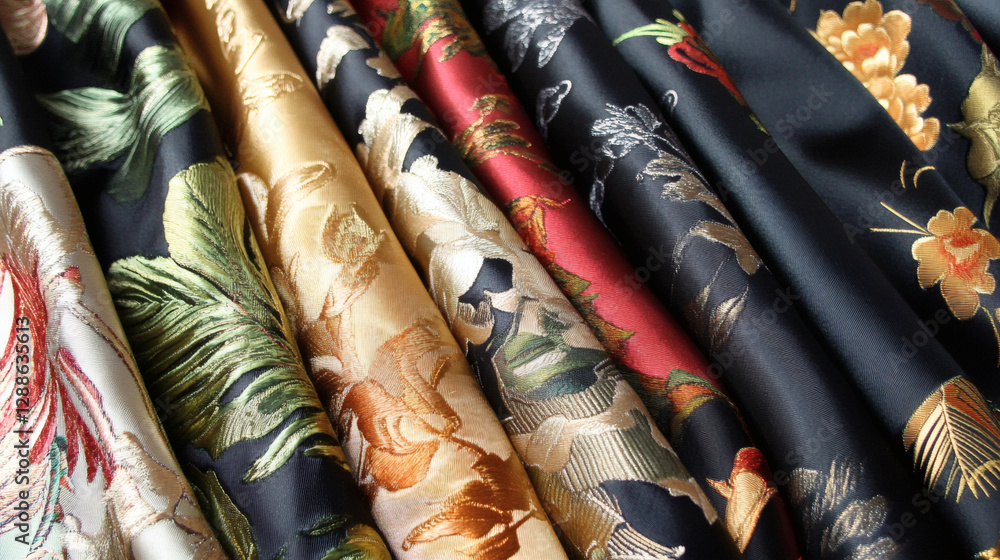 Poster A colorful array of luxurious fabrics featuring intricate floral and botanical patterns in rich tones and textures