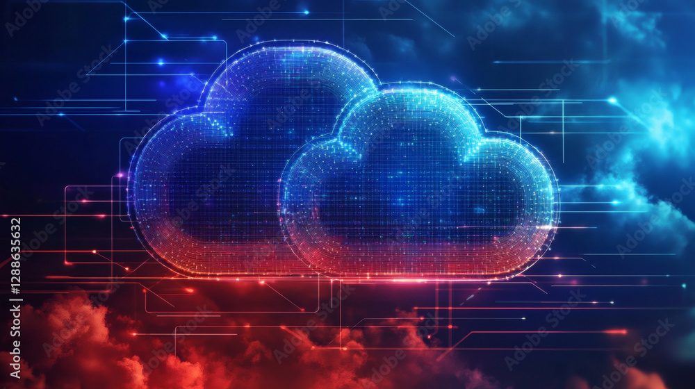 Poster A vibrant digital cloud graphic with blue and red hues, set against a backdrop of interconnected data lines and abstract patterns