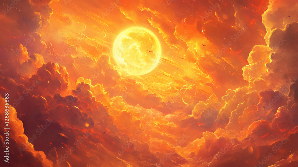 Poster a vibrant sunset scene with a glowing sun surrounded by colorful clouds, creating a warm and etherea