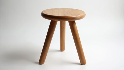 Minimalist design stool made of light solid wood. Three-legged construction simplicity, craftsmanship, functionality. Elegant wooden texture adds natural touch. Compact, stable furniture piece suits