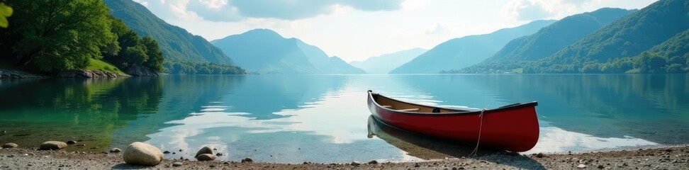 canoe resting on the shore of a peaceful lake, Lago Di Bracciano, lake