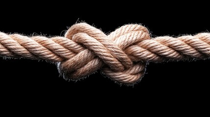 Fototapeta premium Close-up of a tight knot in a thick rope against black background. Possible use illustrative or educational material