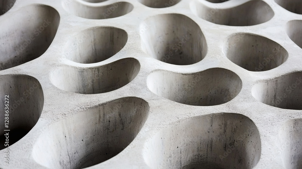 Poster A close-up view of a textured concrete surface featuring irregular, rounded depressions, creating a visually striking pattern