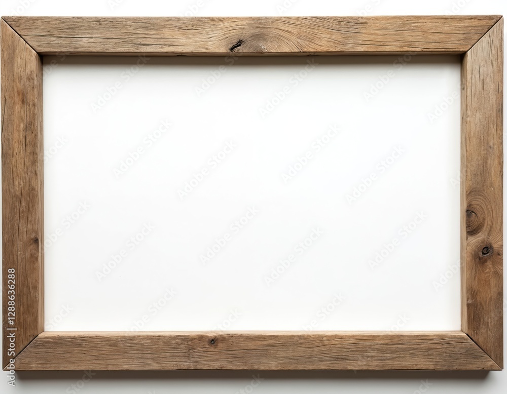 Poster rustic wooden photo frame on white background. vintage plank border template with empty space, textu