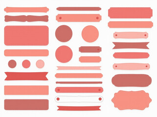 A collection of flat design labels, tags, and banners in various shades of coral and peach.