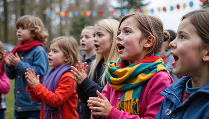 A group of cheerful children singing traditional Maslenitsa songs during an outdoor celebration. Their bright scarves and joyful expressions embody the festive spirit of the holiday.