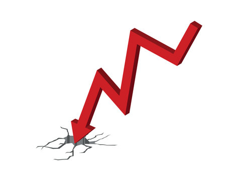 A red broken downward arrow pierces a crack in the ground, symbolizing a fall or crisis.