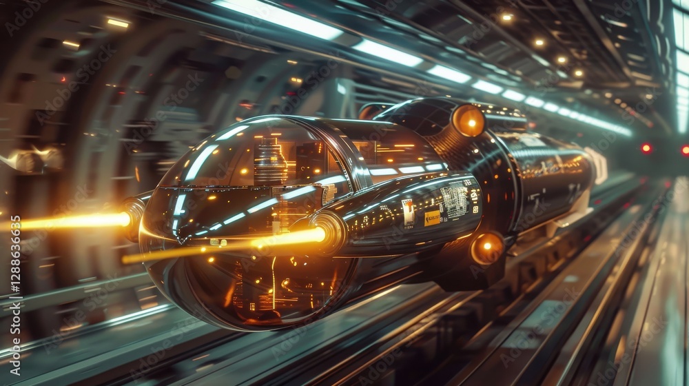 Poster futuristic transport vehicle speeding through a high-tech tunnel in a sci-fi setting with glowing li