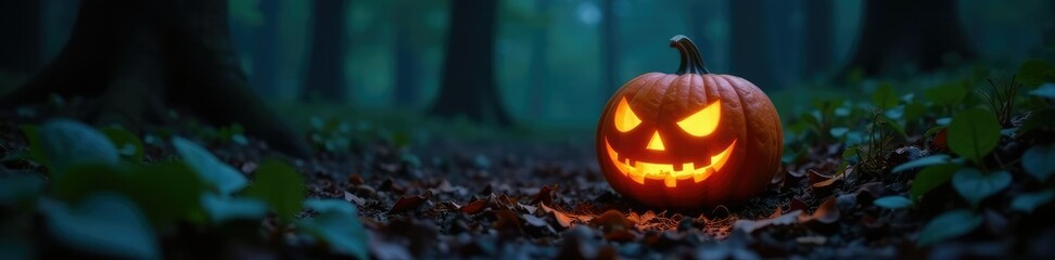Carved pumpkin glowing softly on the forest floor, darkness, night, forest floor