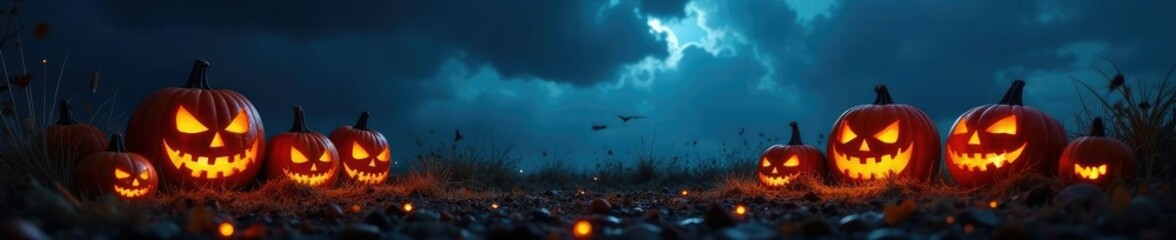 Naklejka premium Carved pumpkins illuminated against a dark and stormy night sky, autumn, dark clouds, decorations
