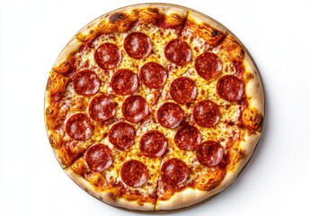 Pepperoni pizza, overhead view on white background