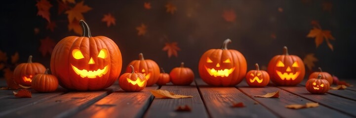 Fototapeta premium Carved pumpkin lanterns glow on a wooden floor, autumn, autumnal