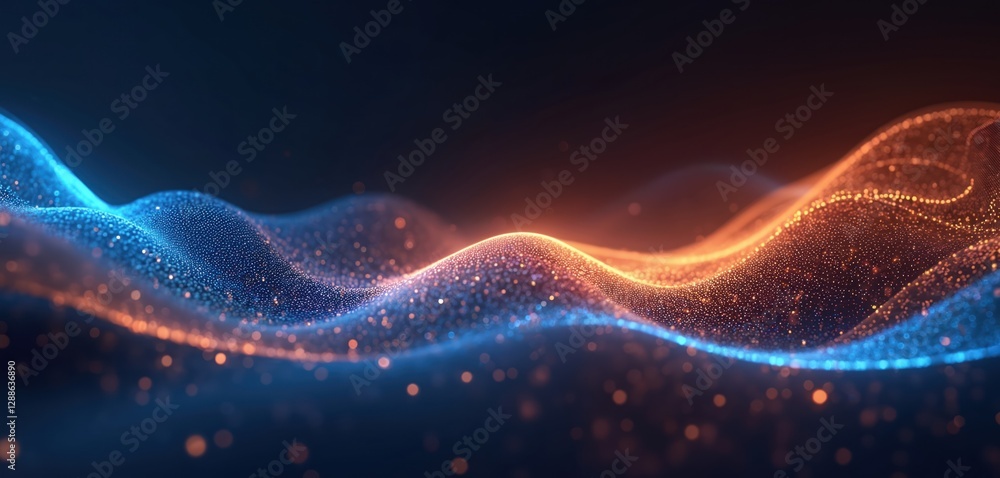 Poster abstract tech background with blue and orange wave flow. futuristic glowing dots mesh, energy cybers