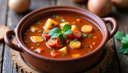 A steaming bowl of traditional Russian soup served alongside pancakes on a festive table, perfect for Maslenitsa week celebrations.