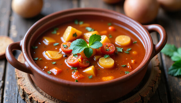 A steaming bowl of traditional Russian soup served alongside pancakes on a festive table, perfect for Maslenitsa week celebrations.